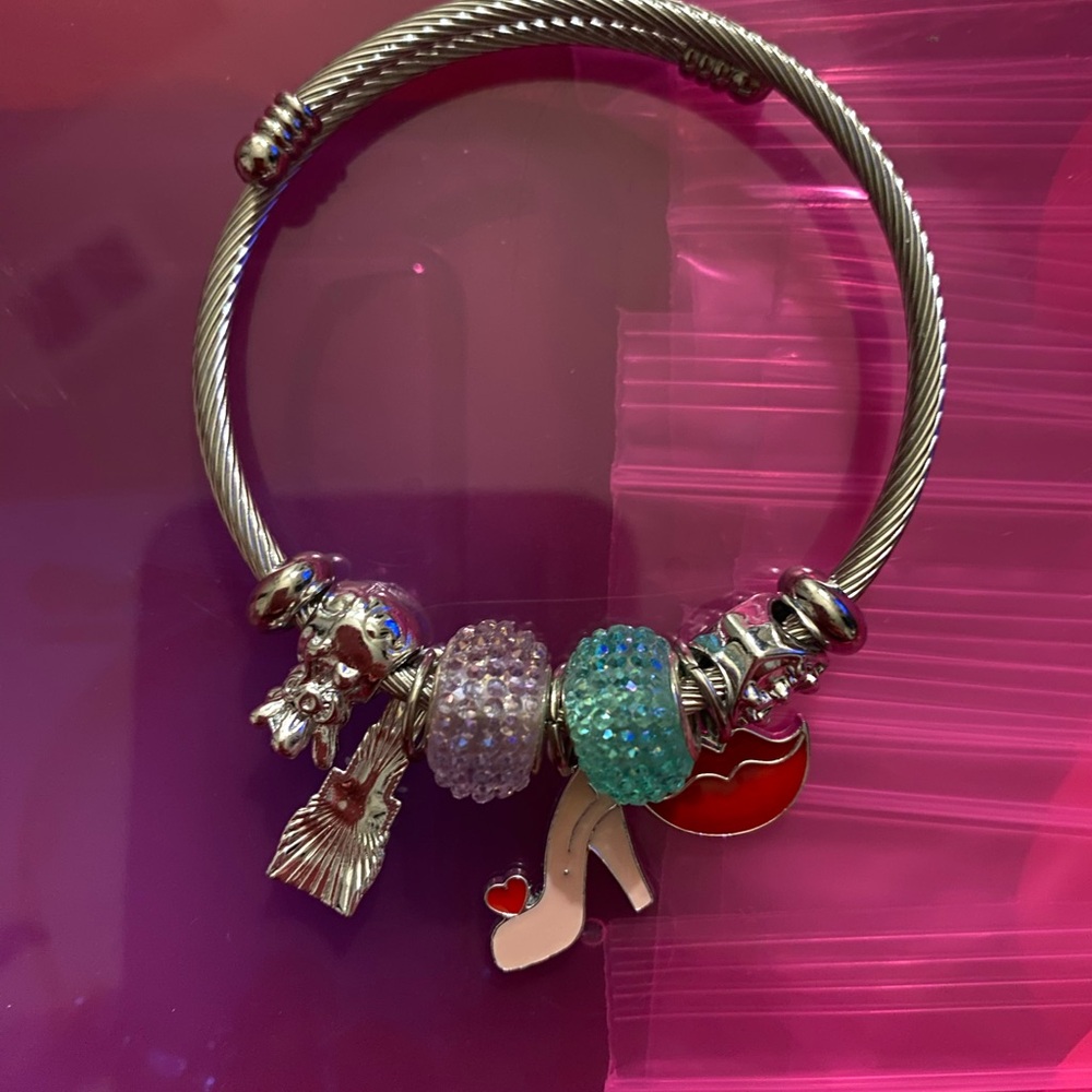 Silver Charm Bracelet with Colorful Beads